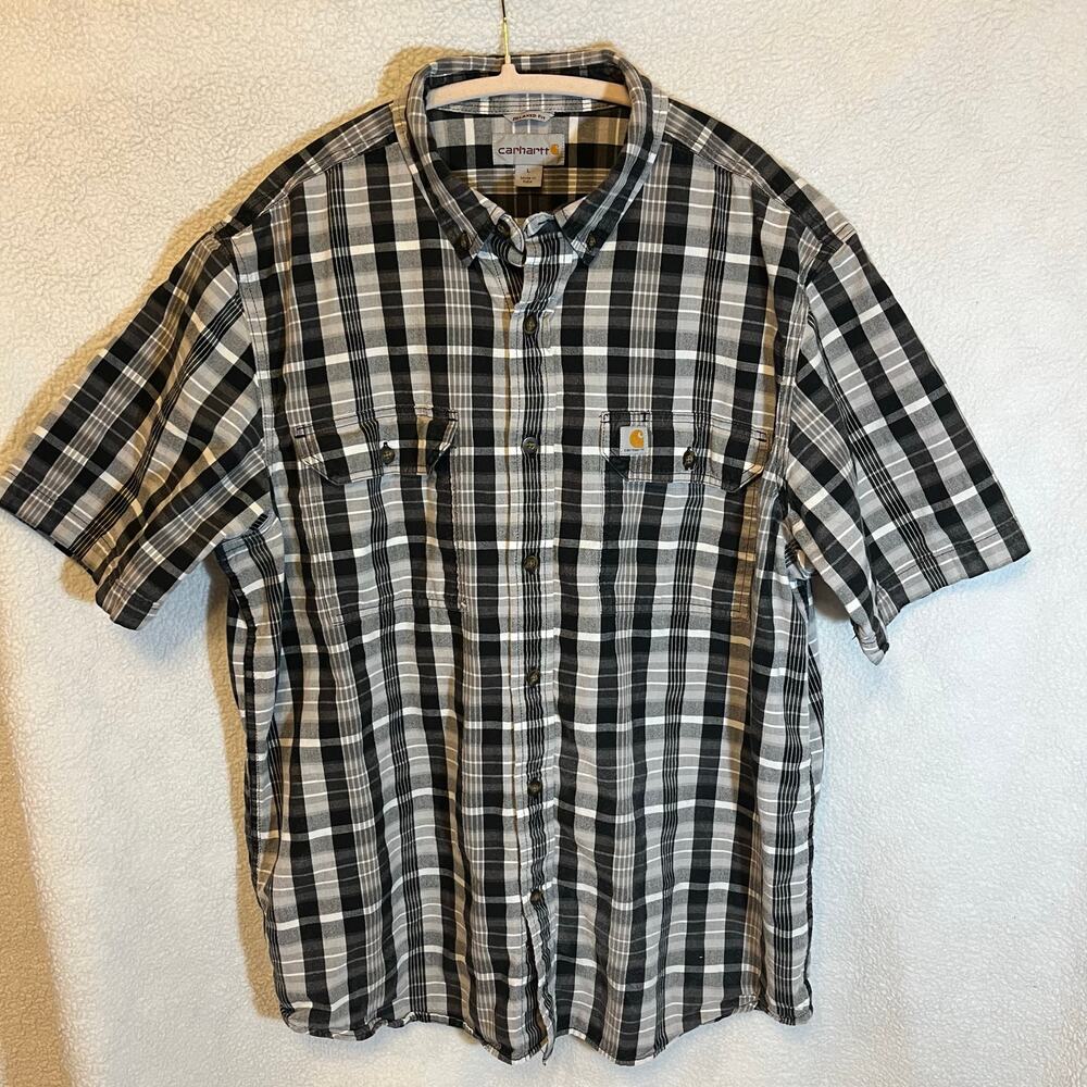 CARHARTT men’s large relaxed fit short sleeves black/white plaid button down - Picture 2 of 7